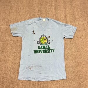 Vintage Ganja University Shirt Mens Medium Blue 1980s Jamaica Weed Of Wisdom